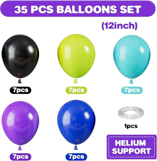 Green Purple Blue Balloons, 12 Inch Purple Green Teal Black Latex Balloons, Royal Blue Helium Support Balloon for Boys Girls Monster Theme Birthday Baby Shower Video Game Party Decorations