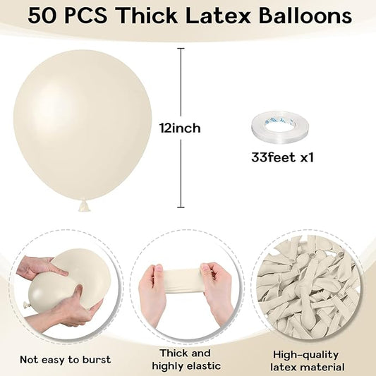 Sand White Balloons 12 Inch, 50Pcs Beige Matte Retro Off White Cream Latex Helium Balloons for Birthday Wedding Baby Shower Anniversary Party Decoration