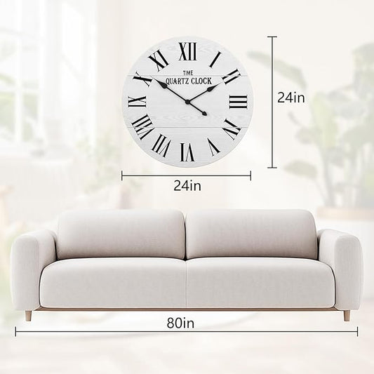 ARTPOWER Large Farmhouse Wall Clock, 24” Shiplap Wall Clock with Roman Numeral, Nearly Non-Ticking, Round Wall Clocks for Living Room Decor, Office, Bedroom, Entrance, White