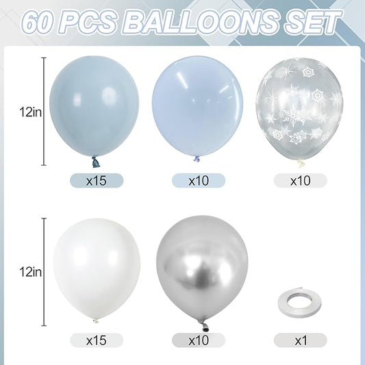 Blue White Balloons, 60 PCS 12 Inch Dusty Light Baby Blue White and Silver Balloon Snowflake Balloons for Winter Baby Boy Shower Decorations Bridal Shower Wedding Birthday Party