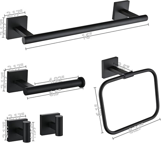 16" Matte Black Bathroom Hardware Accessories Set 5-Piece for RV Camper, SUS304 Stainless Steel Rustproof Towel Bar Kit, Durable Powder Coated Finish with 2 Robe Hooks (Matte Black)