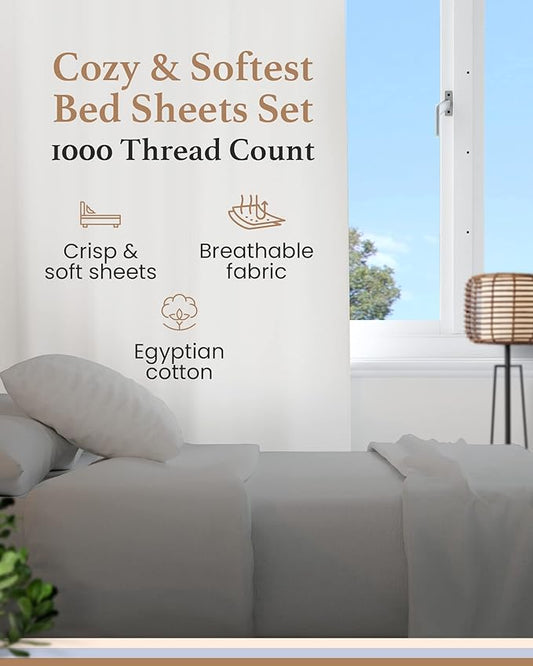 Good Sleep Bedding Twin XL Sheet Set - 100% Egyptian Cotton XL Twin Sheet Set, 1000 TC, 4Pc, Extra Long Twin Sheets for Dorm, Hotel Sheets, 16" Deep Pocket Extra Long - Light Grey Sheets
