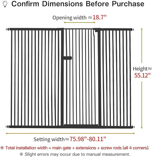 Lumizone Extra Tall Cat Gate 55.12" High Pressure Mounted Extra Wide 2025 New (17 Sizes) 1.37" Gap No Drilling Auto-Close One-Handed Operation Tall Pet Gate for Dogs(Black, 55.12" H x 75.98"-80.11" W)