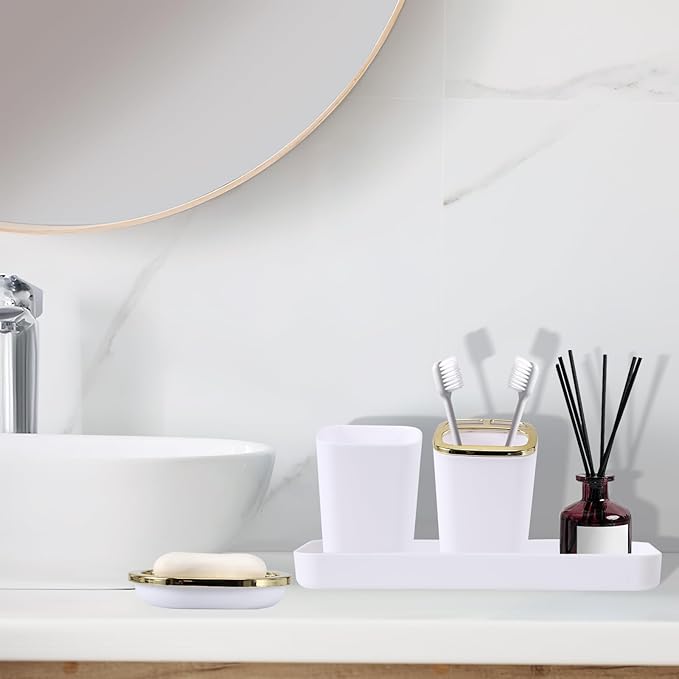 9Pcs Bathroom Accessories - White Bathroom Accessories Set with Trash Can, Soap Dispenser, Soap Dish, Toothbrush Holder, Toothbrush Cup, Toilet Brush Holder, Qtip Holders and Tray for Home