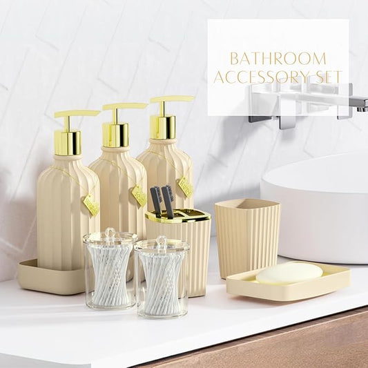 32PCS Bathroom Sets with Shower Curtain and Rugs-Beige Bathroom Accessories,Non Slip Bathroom Rugs Set with Toilet Lid Cover, Waterproof Shower Curtain, 3PC Soap Dispenser with Trash Can