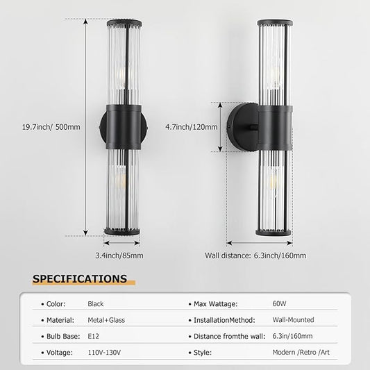 JOOSENLUX Black Vanity Light, Set of 2 Bathroom Sconces with E12 Base and Glass Rod Design – Modern Bathroom Vanity Light Fixture for Mirror, Powder Room, Bedroom, Hallway