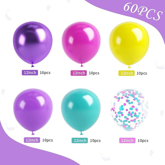 Pink Purple Blue Balloon, 60 Pcs 12 Inches Hot Pink Metallic Purple Teal Yellow Balloons Confetti Balloons for Kids Baby Shower Magic Theme Birthday Engagement Party Decoration