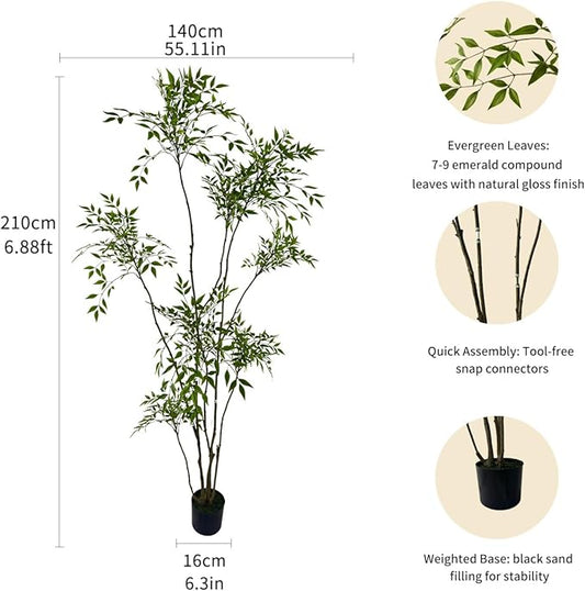 Artificial Nandina Domestica Tree, 7ft Tall Indoor Plant, Potted Faux Greenery with Natural Stems