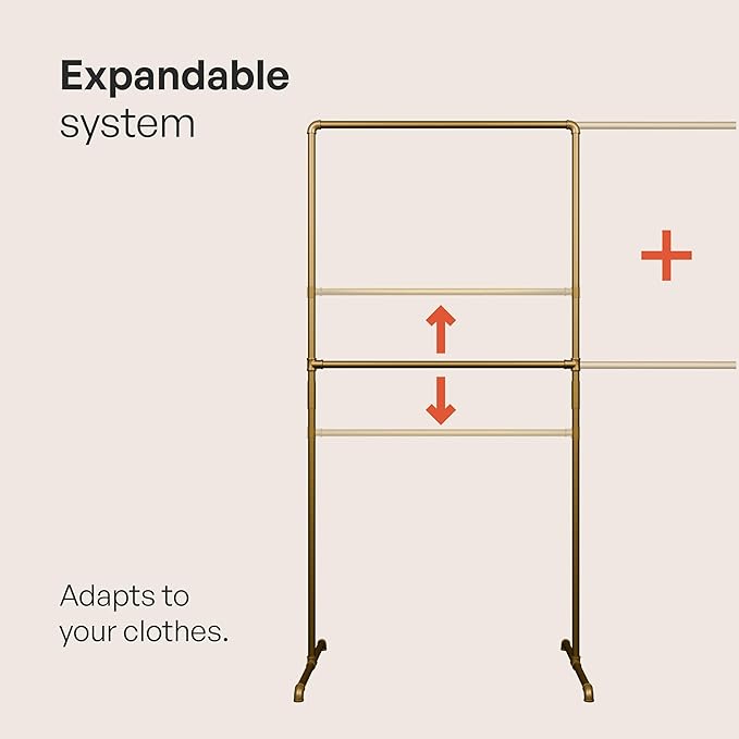 pamo Gold Clothing Rack – 76.77" W x 76.38" H – Industrial Pipe Metal Garment Organizer for Bedroom or Retail – Heavy-Duty Clothes Rack – Easy Assembly