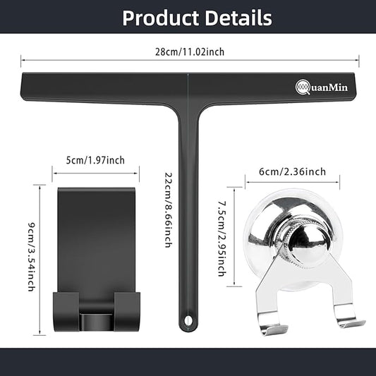 Squared Shower Squeegee with Hook, 11 inch Stainless Steel Silicone Core All-Purpose Household Window Mirror Cleaner Tool Bathroom Squeegee for Glass Doors,Car Cleaning,Tile Wall,Black