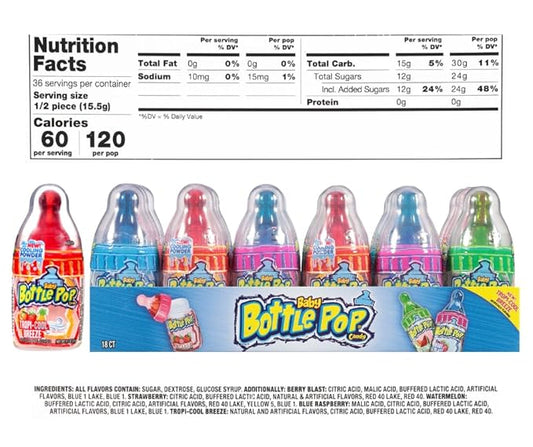 Baby Bottle Pop Candy Lollipops, 18 Ct Bulk Lollipops with Dipping Powder in Assorted Fruity Flavors, Full Size, Individually Wrapped Hard Candy For Valentine's Gifts, Goodie Bags, Kids Party Favors