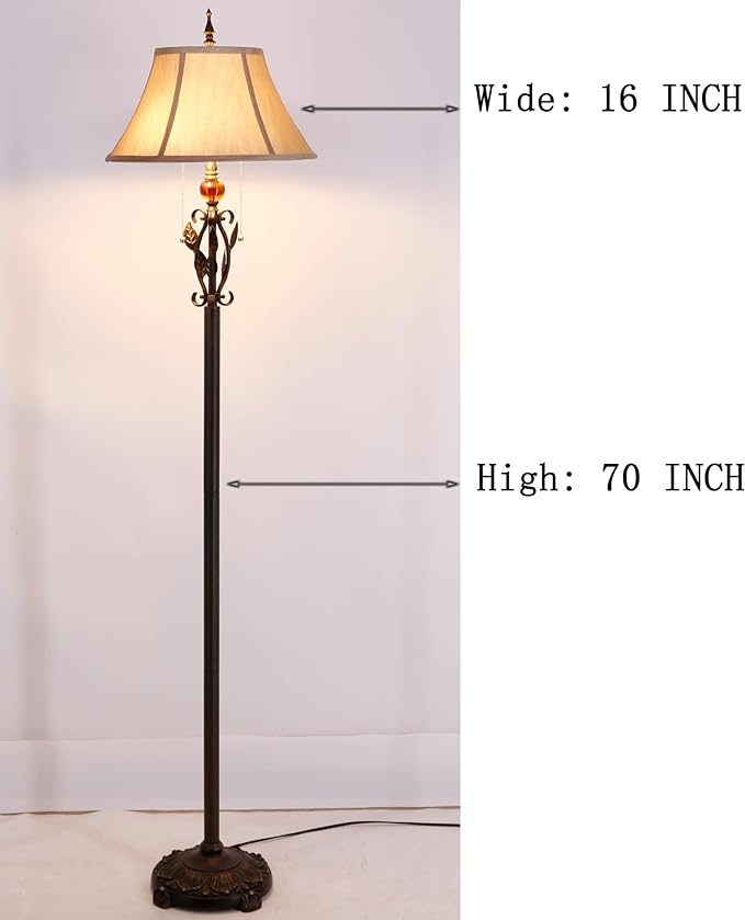 Farmhouse Mid-Century Yellow Fabric Floor Lamp with Metal Leaf Resin Base 70 Inch Height Decor for Office Bedroom Living Room