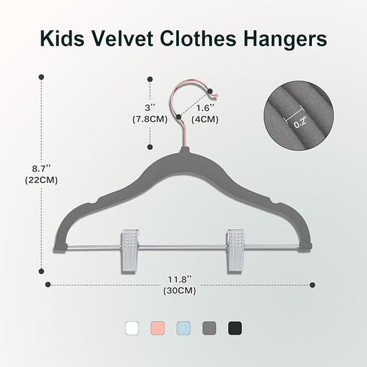 Baby Hangers with Clips, 14 Packs Kids Velvet Clothes Hangers, Heavy-Duty Childrens Pant Hangers for Shirts, Pants, Skirts, Dresses, Jackets, Coat Gray - Rose Gold Hook