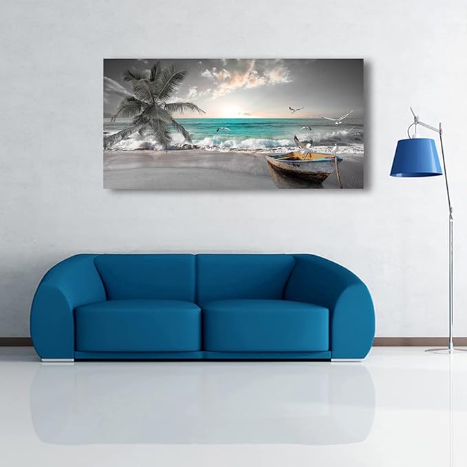 Beach Sea Wave Pictures Canvas Wall Art For Living Room Bedroom Wall Decor,Sea Wave Wall Art Print Paitnings For Home Decor,Morden Artwork Palm Boat Canvas Art Waterproof Ready To Hang-20X40Inches
