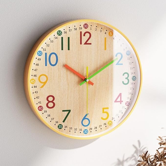 MO-N Silent 12-Inch Wall Clock, Non-Ticking Battery Operated Colorful Clock for Classroom, Bedroom, School, Analog Wall Clock for Time Teaching. (B Type)