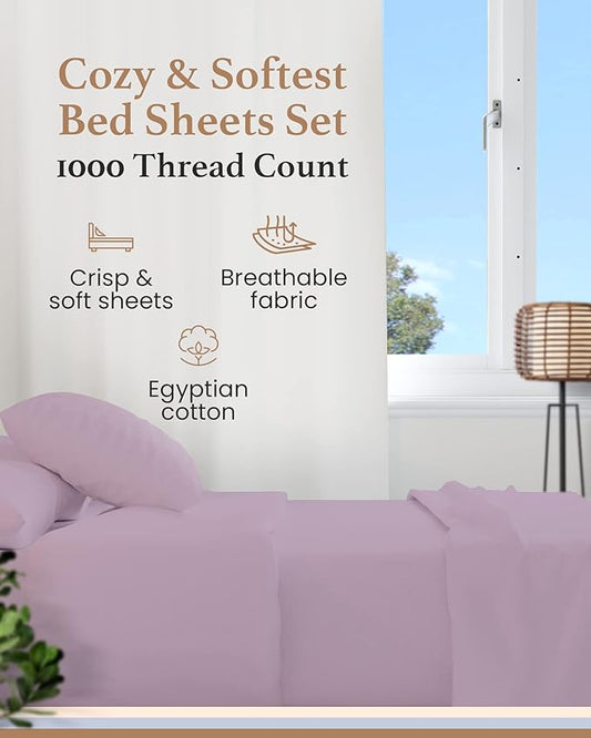 4 Pc Lavender Full Size Bed Sheets Set, 1000 TC Egyptian Cotton Sheets Full Size, Soft Comfy Double Bed Sheets Bed Set, 16" Deep Pocket Full Sheet Set - 1 Fitted Sheet, 1 Flat Sheet & 2 Pillow Case