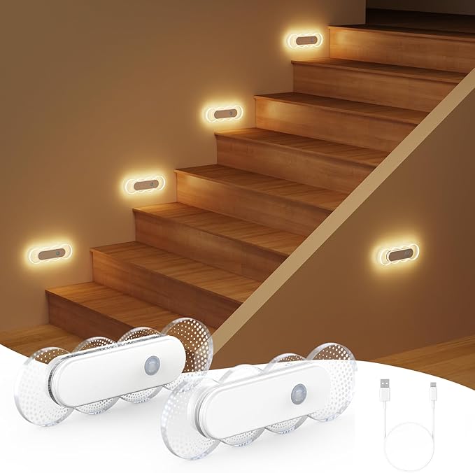 Motion Sensor Night Light, Rechargeable Warm White Night Lights, LED Battery Operated Stick-On Stair Lights Indoor, Magnetic Motion Activated Night Light for Bathroom Bedroom Hallway (2 Pack)