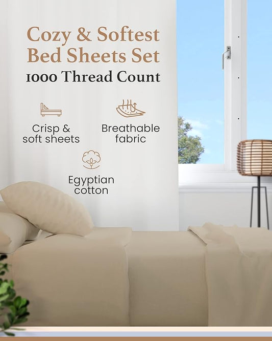 GOOD SLEEP BEDDING California King Sheet Sets - 100% Egyptian Cotton Sheets California King Size, 4Pc, 1000 TC, Cal King Sheet Set, Soft Sateen Weave, 16" Deep Pocket California King Sheet Set - Taupe
