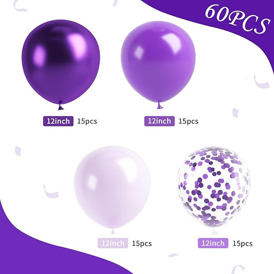 Metallic Purple and Premium Latex Lavender Lilac Balloons, 60 Pcs 12 Inch Purple Confetti Balloons with Purple Ribbons Set for Birthday Graduation Bridal Shower Wedding Party Decorations