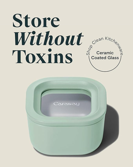 Caraway 2pc Glass Food Storage Set - 1.75 Cup Food Containers (2) - Non-Toxic Ceramic-Coated Glass - Air Release Technology - Compact & Stackable Design - Mist