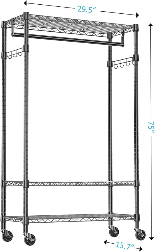 IZEUK Heavy Duty Rolling Garment Rack with 3 Adjustable Wire Shelves, Hanging Rod & Side Hooks - Mobile Clothes Rack with Wheels, 29.5" W x 15.7" D x 75" H, Black