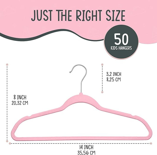 50 Premium Kids Velvet Hangers - 14" Non-Slip Clothes Hangers for Kids & Preteens - Ultra Slim, Space-Saving, Strong & Durable Hangers with 360° Swivel Hook - Pink