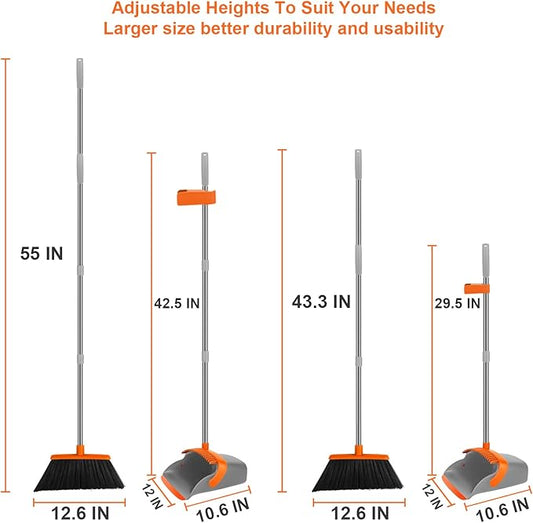 Broom and Dustpan Set, Large Broom with Dustpan Combo Set, 55" Long Handle Heavy Duty Industrial Dust pan Set for Classroom Lobby Home