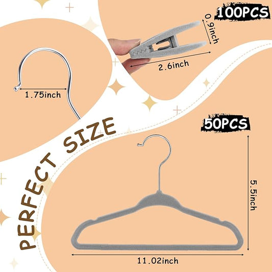 Soaoo 50 Pcs Baby Velvet Non-Slip Hangers with Clips,100 Clips for Pants & Skirts, Space-Saving Kids Children Clothes Hangers for Nursery Closet Organization(Grey)