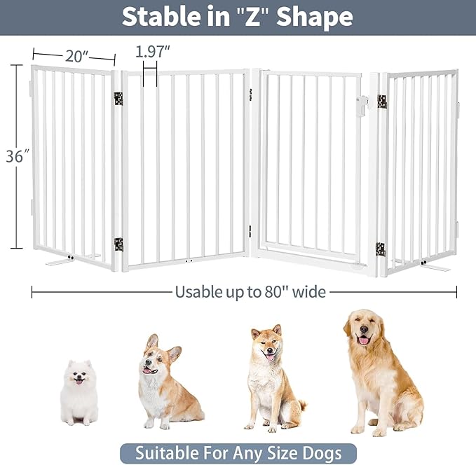 Metal Freestanding Dog Gates with Door for Outdoor Indoor,80'' Extra Wide 36'' Tall Free Standing Dog Gate for Doorways,Large Openings,Deck,Yard,Porch,Foldable Pet Fence(White,4 Panels)