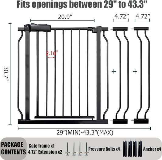 Expandable Baby & Dog Gate 38.5-43.3 Inch, Tension Mounted Indoor Safety Gate for Stairs & Doorways - Black Metal, 30 Inch Tall