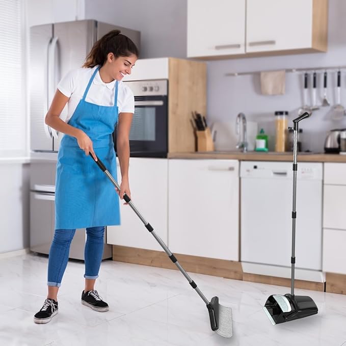 Broom with Dustpan Combo Set (54”) Long Handle Household Dust Pan for Home Office Kitchen Cleaning (Black & Grey)