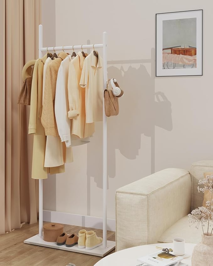 Large Metal Coat Rack Freestanding, Modern Coat Hanger Stand with 2 Hooks and Heavy Rock Slab Base, Industrial Clothing Rack, Coat Stand, 25.6 x 11.8 x 68.9 In, White, GYJ202LW