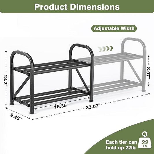 2-Tier Shoe Rack for Closet, 16"-33" Expandable ShoeRack, Adjustable for Entryway Closet Doorway SturdyMetal, Black