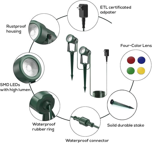 SUNTHIN Outdoor Landscape Lighting, 4 Pack Outdoor Spot Lights with 4 Colorful Lens and Power Supply, Green Shell, IP65 Waterproof & Connectable
