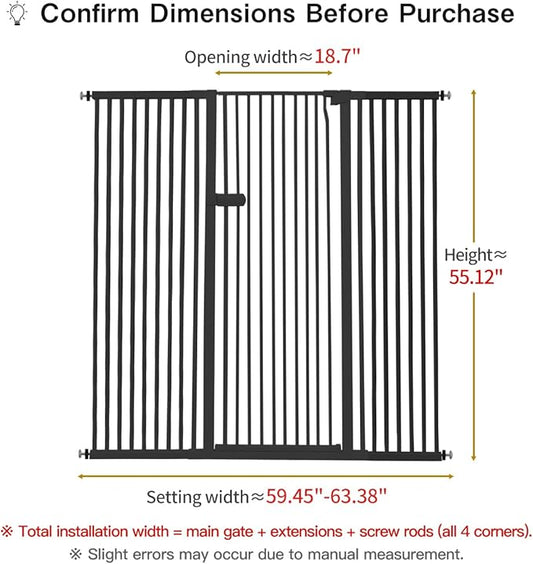 Lumizone Extra Tall Cat Gate 55.12" High Pressure Mounted Extra Wide 2025 New (17 Sizes) 1.37" Gap No Drilling Auto-Close One-Handed Operation Tall Pet Gate for Dogs(Black, 55.12" H x 59.45"-63.38" W)