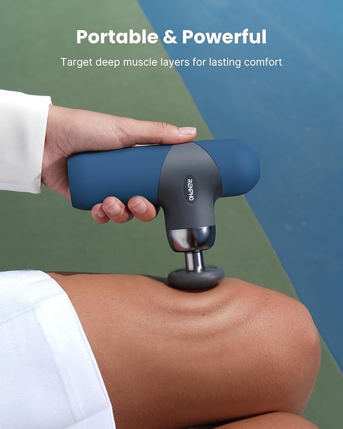 RENPHO Mini Thermal Massage Gun with Heat, Portable Deep Tissue Percussion Massager, Color Silicone Sleeves Travel Size with Carry Case, Aegean Blue