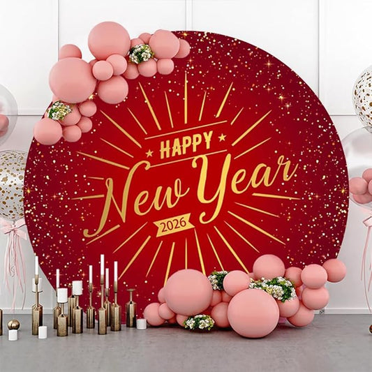 Leowefowa Happy New Year Round Backdrop Cover Red 2026 New Year Circle Background Red and Gold Sequins Glitter Dot New Years Eve Celebration Festival Party Banner Decor Photo Studio Props 5x5ft