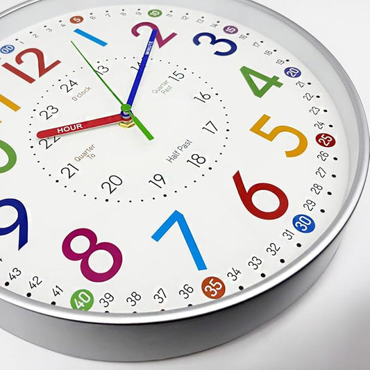 Learning Wall Clock for Kids Bedrooms, 12in Classroom Analog Clock for Kids Learning to Tell Time