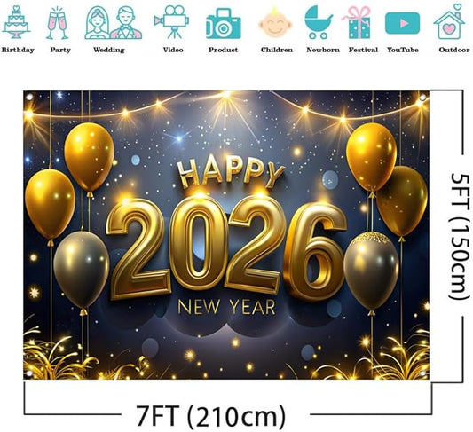 AIIKES 82.6x59 Inches Happy New Year Backdrop Black and Gold New Year Party Decoration XY239