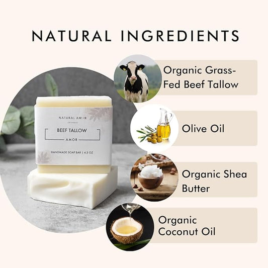 Natural Amor Beef Tallow Soap Bar 3 Pack, Handmade with Organic Grass-Fed Beef Tallow, Shea Butter, Coconut Oil, Natural Soap for Dry or Sensitive Skin Fragrance-Free