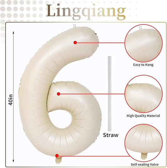 Cream Number Balloons, 40inch Large Beige Number 6 Foil Mylar Helium Balloons for Girls Women, Ivory White Self Inflating Number Balloons 0-9 for Men Boys Birthday Party Celebration Decoration