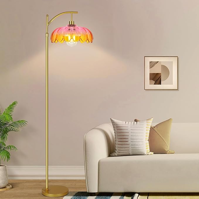 Floor Lamp for Living Room,Bedroom,Gold Dimmable Standing Lamp with Remote,Mid Century Modern Brass Tall Lamp Retro Vintage Glass Lamp Floor Light Boho Bohemian