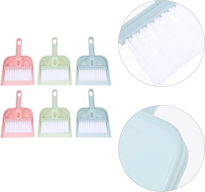 Handheld Mini Broom and Dustpan Set, 6pcs Desktop Cleaning Brush Kit for Pet Hair and Household Debris, Small Brooms with Dust Pans in Pink, Green, and Blue for Home and Office Use