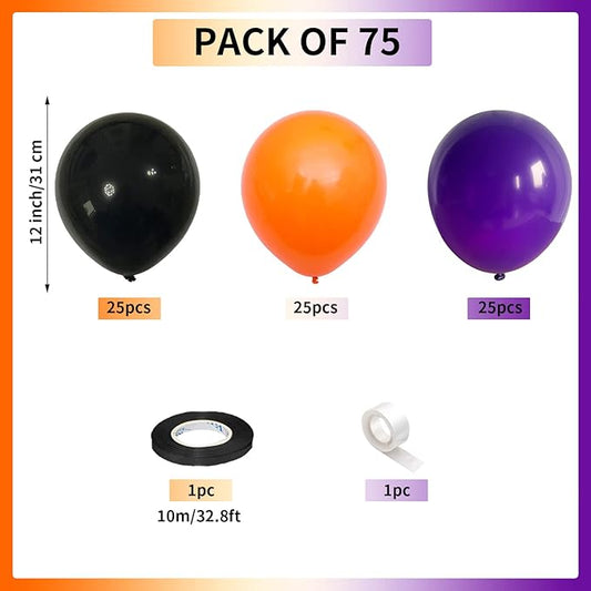 Orange Black Purple Balloons Pack of 75, 12 Inch Halloween Color Party Balloons Matte Black Orange Dark Purple Helium Latex Balloons with Ribbon for Kids Birthday Baby Shower Scary Party Decorations