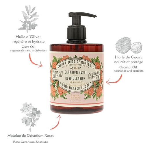 Panier des Sens - Moisturizing Hand Soap - Rose Geranium Fragrance - French Traditional Savon de Marseille Soap - Refillable Kitchen & Bathroom Soap - 16.9 Fl.oz Liquid Hand Wash 96% Natural