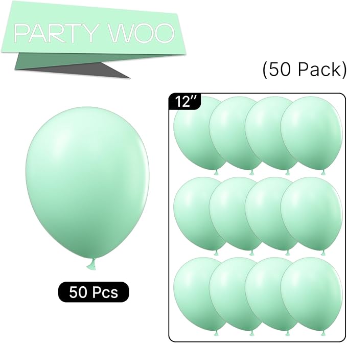 PartyWoo Mint Green Balloons 50 pcs 12 Inch Pastel Light Green Latex Helium Balloons for Birthday Baby Shower Gender Reveal Wedding Anniversary Graduation Party Decorations Green-Q06