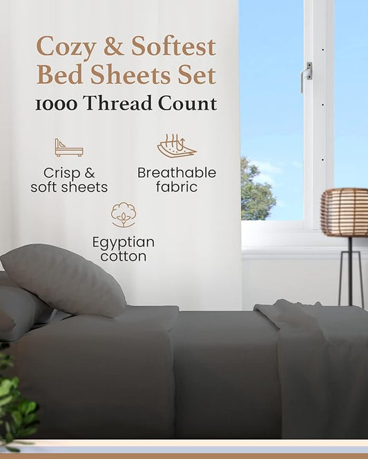 Good Sleep Bedding 100% Egyptian Cotton Queen Sheets - 1000 TC Bedsheets Queen Size Bed, 4 Pc, Queen Bed Sheet Set, Luxury Sateen Weave, 16" Deep Pocket Queen Sheet Set - Dark Grey Sheets Queen Size