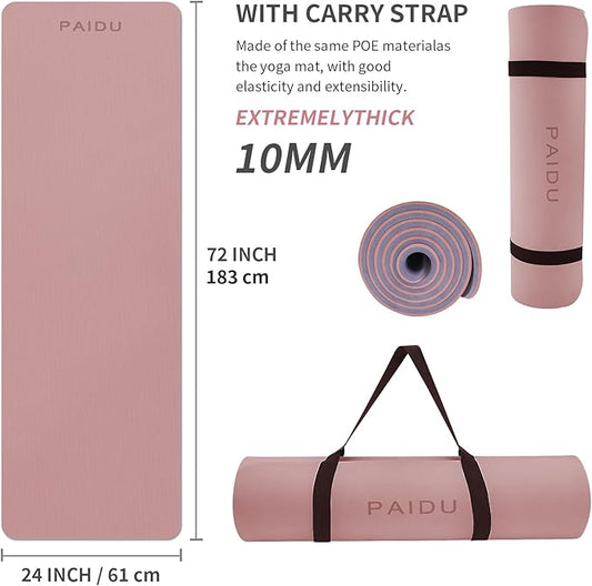Yoga Mat Non Slip Anti-tear,extra thick-2/5 inch(10MM)High Resiliency Professional POE Yoga Mats for Women Men Kids,72"x24"inch,Workout, Yoga, Pilates and Floor Exercise, with Carrier Strap