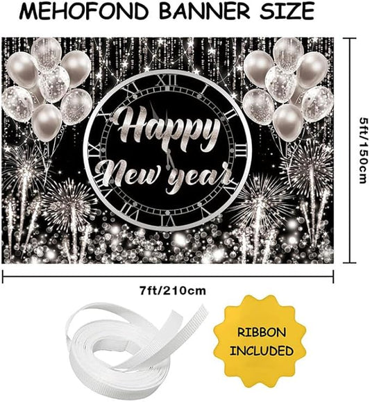 MEHOFOND Happy New Year Backdrop Hello 2026 NYE Cheers Party Decorations Sliver Black Photography Background Kiss Me at Midnight New Year's Eve Festival Party Supplies Photobooth Banner 7x5ft