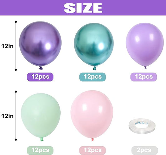 Mermaid Party Balloon Set, 60 Packs 12 Inches Metallic Purple Pink Green Blue Latex Balloons for Girls Mermaid Birthday Party Decoration, Baby Shower, Birthday, Under The Sea Party Decorations